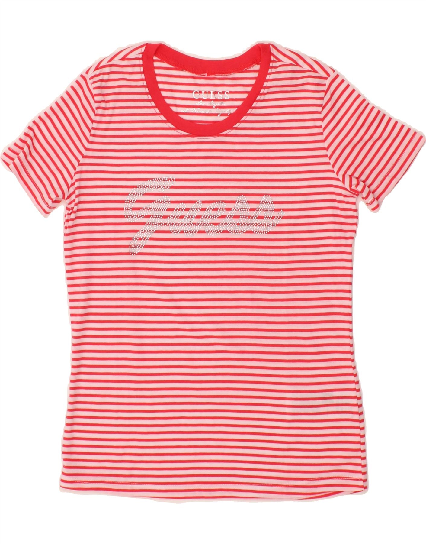 GUESS Womens Graphic T Shirt Top UK 6 XS Pink Striped Polyester