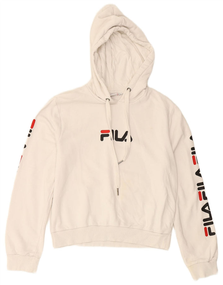 FILA Womens Crop Graphic Hoodie Jumper UK 10 Small White Cotton