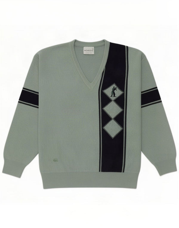 Gabicci Mens V-Neck Jumper Sweater Large Green Colourblock Wool