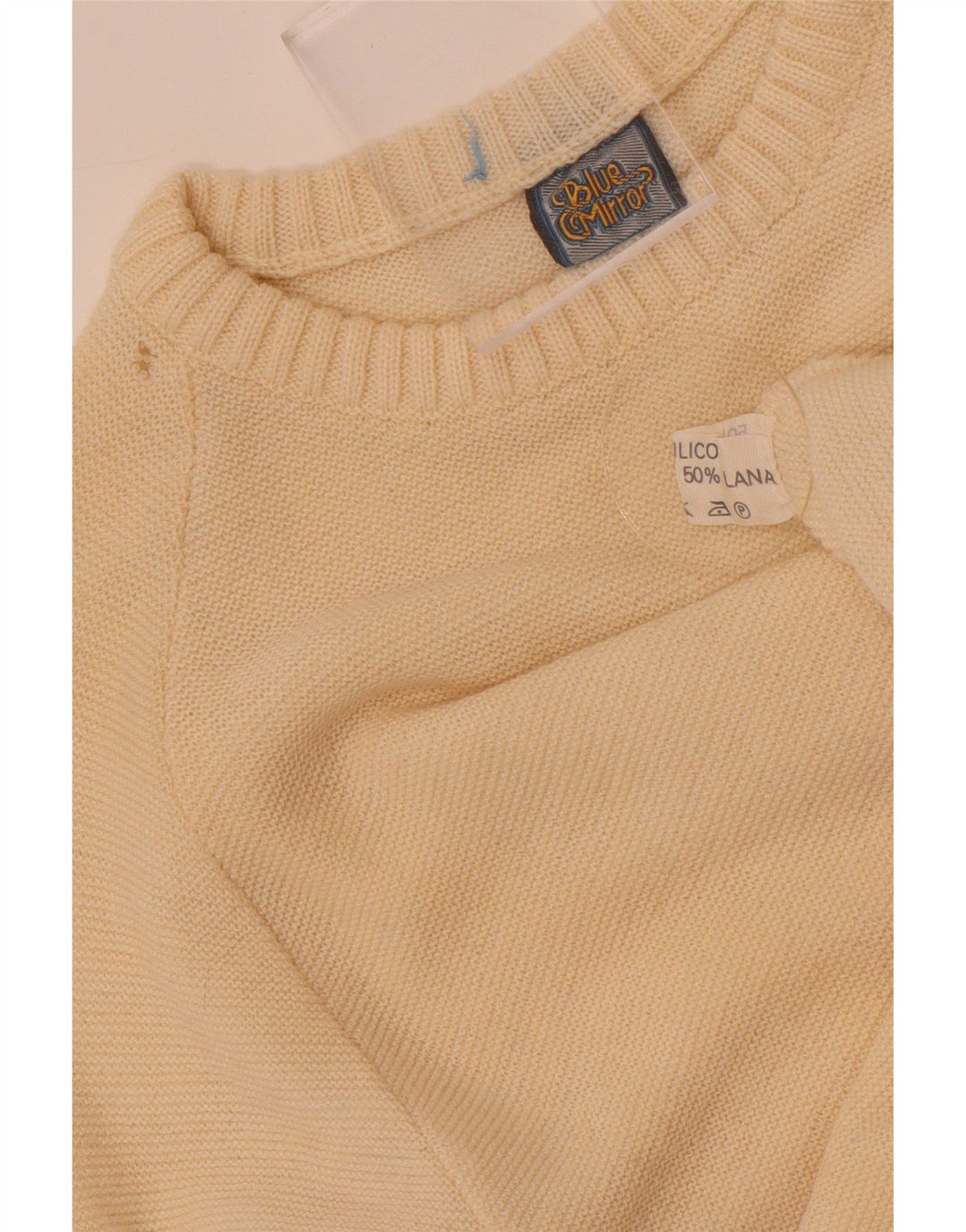 Vintage Mens Crew Neck Jumper Sweater Small Off White Colourblock Wool