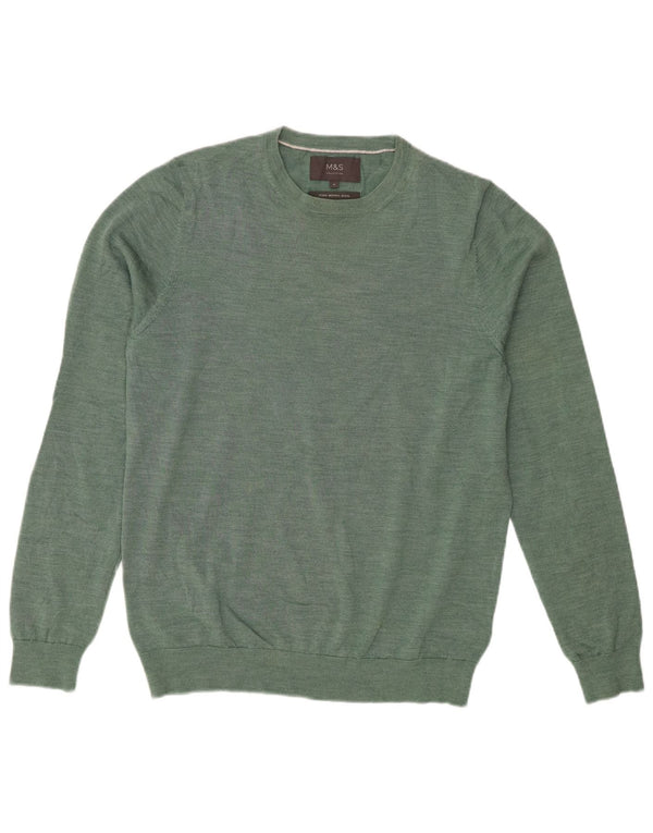 Marks & Spencer Mens Crew Neck Jumper Sweater Medium Green Merino Wool