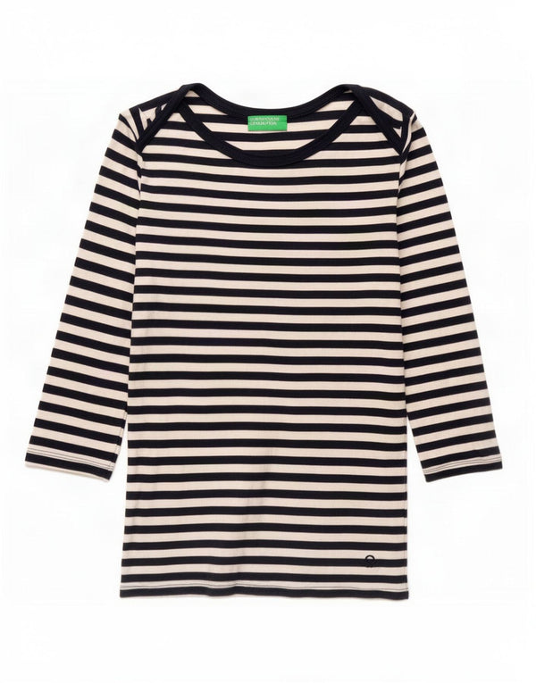 Benetton Womens Top 3/4 Sleeve UK 12 Medium Navy Blue Striped Cotton