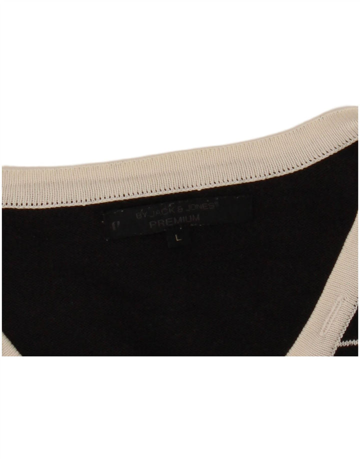 JACK & JONES Mens V-Neck Jumper Sweater Large Black Striped
