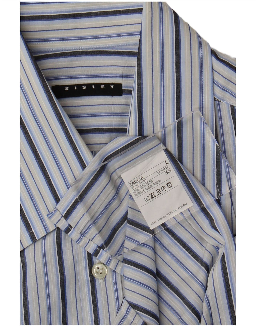 Sisley Mens Short Sleeve Shirt Large Blue Striped Cotton