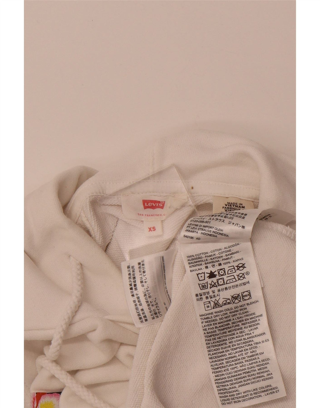LEVI'S Womens Graphic Hoodie Jumper UK 6 XS Off White Cotton