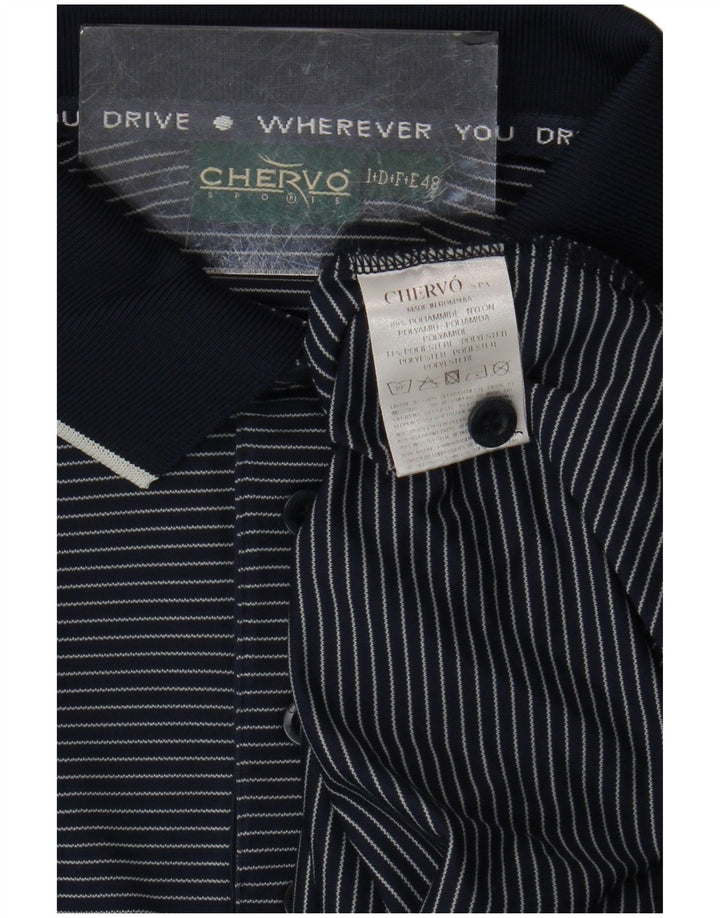 Chervo Mens Polo Shirt IT 48 Medium Navy Blue Pinstripe Polyamide