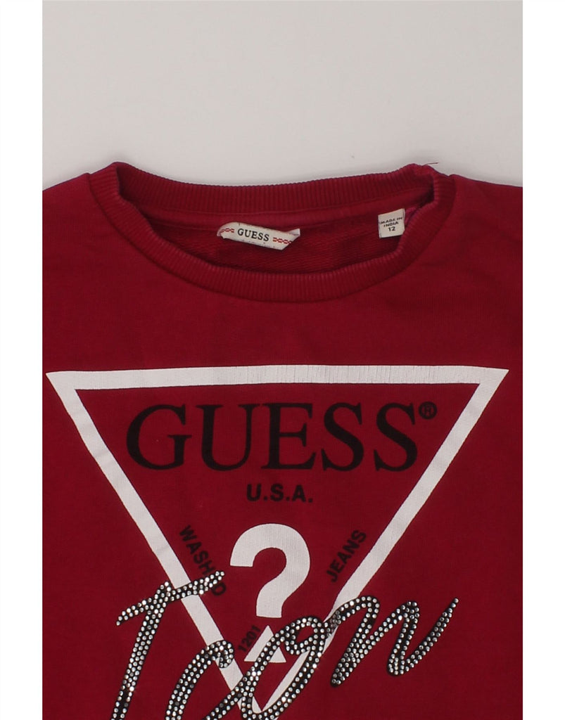 GUESS Girls Crop Graphic Sweatshirt Jumper 11-12 Years Burgundy | Vintage Guess | Thrift | Second-Hand Guess | Used Clothing | Messina Hembry 