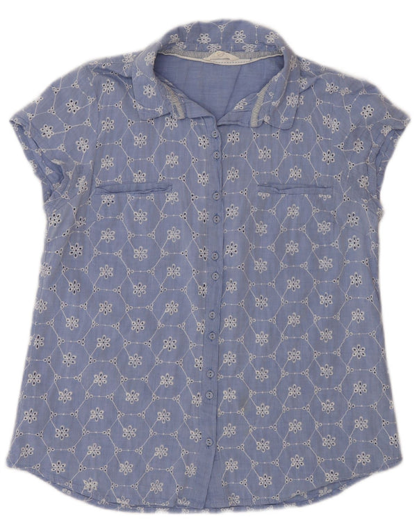 White Stuff Womens Short Sleeve Shirt UK 12 Medium Blue Floral Cotton