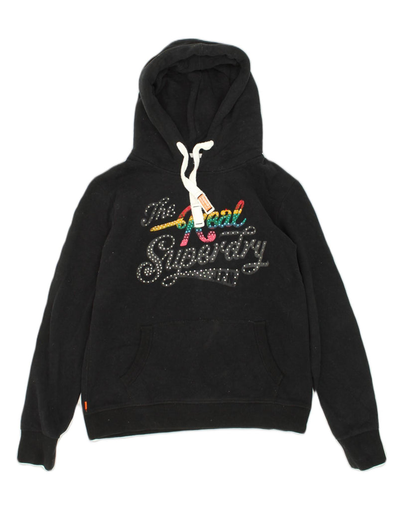 SUPERDRY Womens Vintage Graphic Hoodie Jumper UK 12 Medium Black Cotton | Vintage Superdry | Thrift | Second-Hand Superdry | Used Clothing | Messina Hembry 