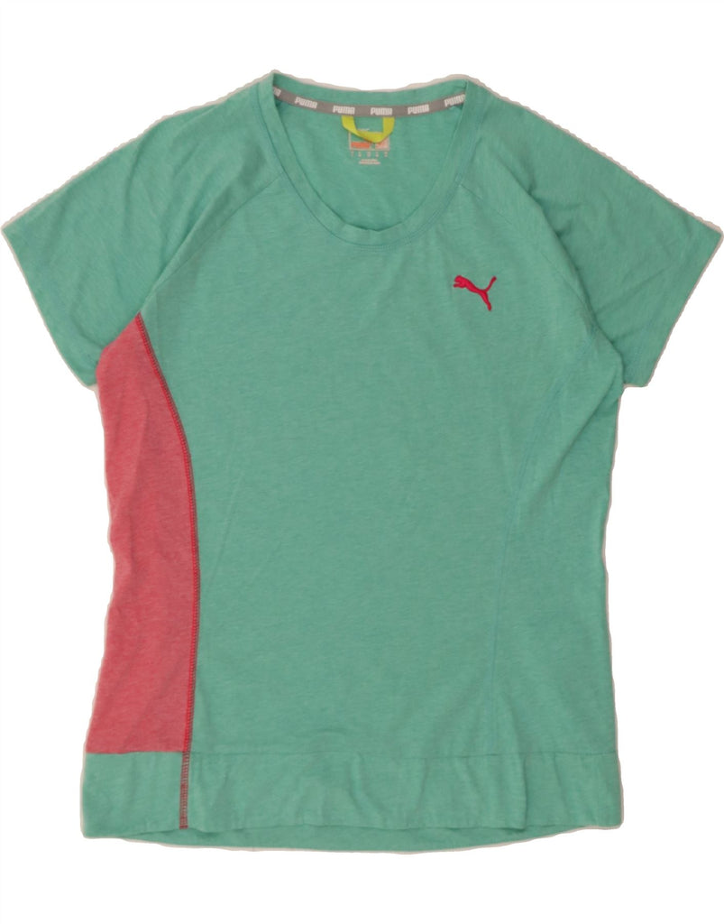 PUMA Womens T-Shirt Top UK 14 Medium Green Colourblock Cotton Vintage Puma and Second-Hand Puma from Messina Hembry 