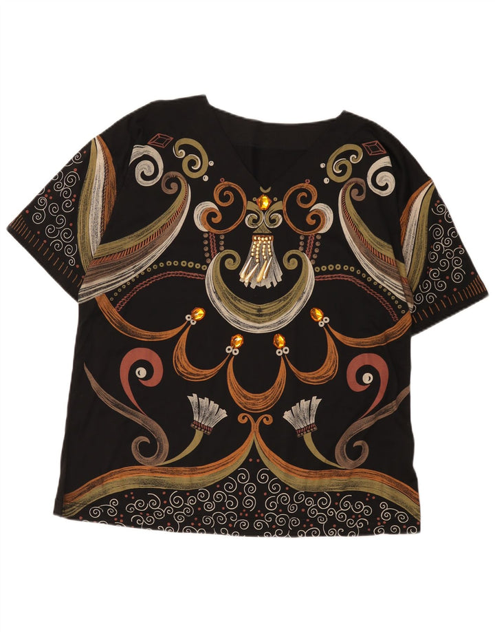 Vintage Womens Abstract Pattern Graphic T-Shirt Top UK 16 Large Black