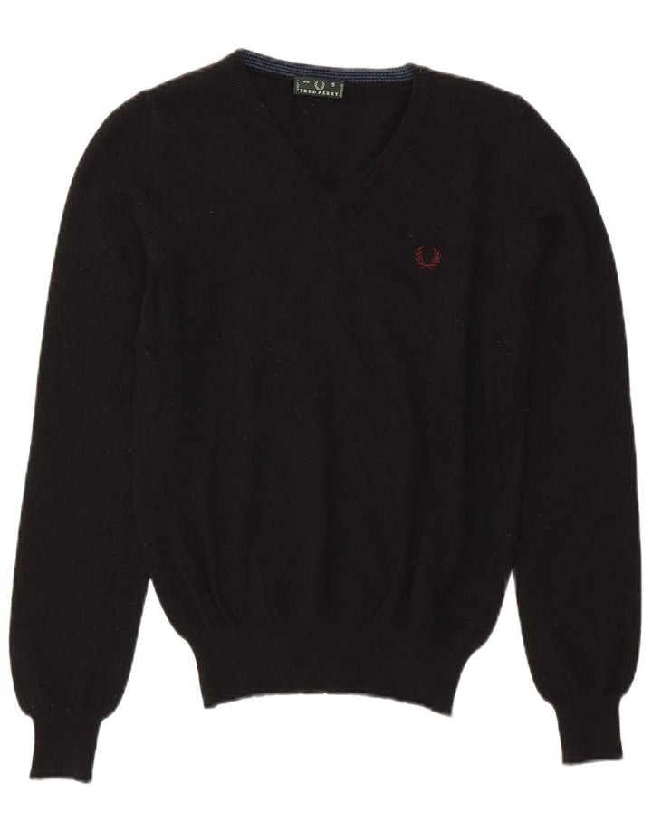 Fred Perry Womens Crop V-Neck Jumper Sweater UK 10 Small Black Merino Wool