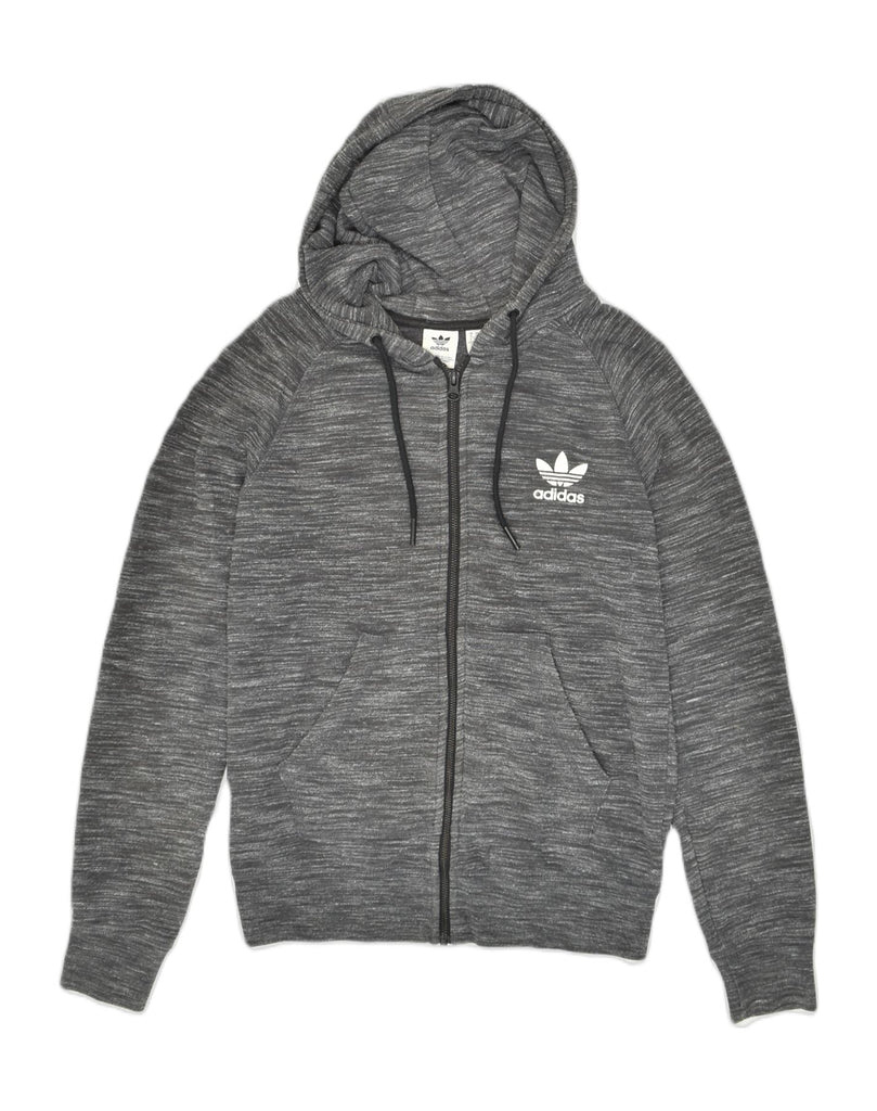 ADIDAS Womens Zip Hoodie Sweater UK 14 Large  Grey Pinstripe Cotton | Vintage Adidas | Thrift | Second-Hand Adidas | Used Clothing | Messina Hembry 