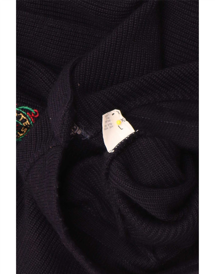 Vintage Mens Cardigan Sweater Large Navy Blue Colourblock Wool