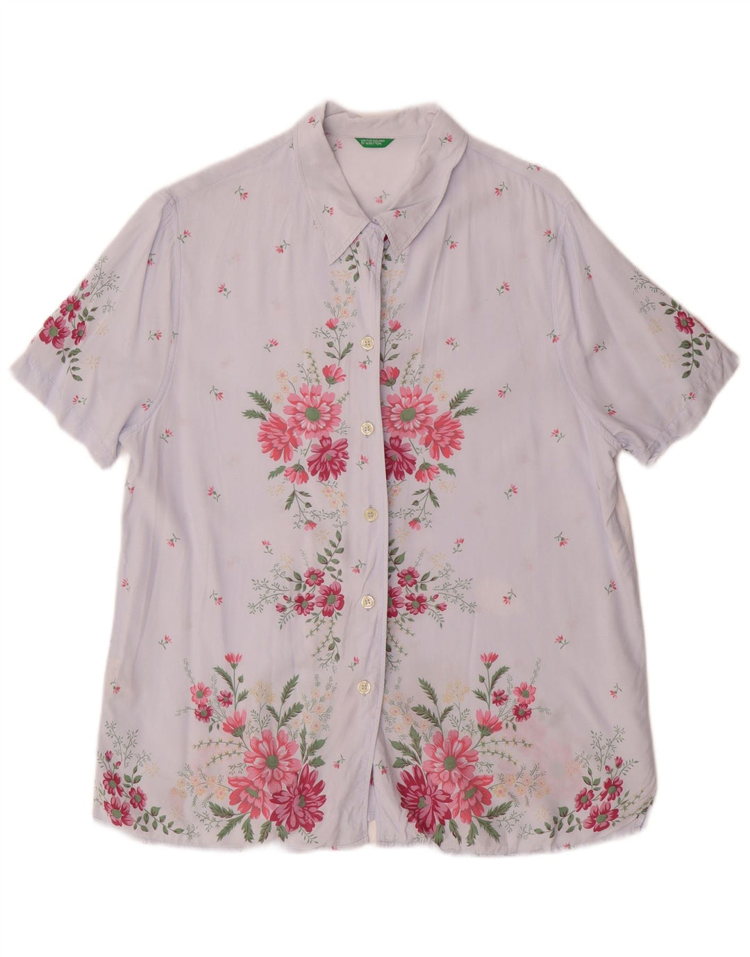 Benetton Womens Short Sleeve Shirt IT 46 Large Blue Floral Viscose