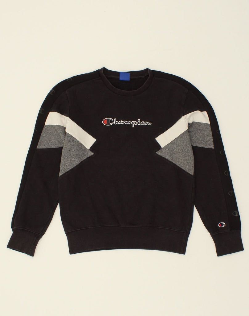 CHAMPION Mens Graphic Sweatshirt Jumper Small Black Colourblock Cotton | Vintage Champion | Thrift | Second-Hand Champion | Used Clothing | Messina Hembry 