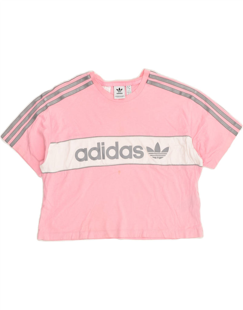 ADIDAS Girls Crop Graphic T-Shirt Top 12-13 Years Pink Colourblock Cotton | Vintage Adidas | Thrift | Second-Hand Adidas | Used Clothing | Messina Hembry 