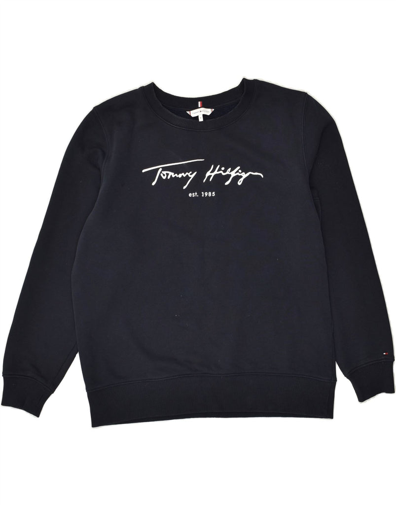 TOMMY HILFIGER Mens Graphic Sweatshirt Jumper Medium Navy Blue Cotton | Vintage Tommy Hilfiger | Thrift | Second-Hand Tommy Hilfiger | Used Clothing | Messina Hembry 