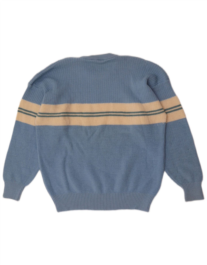 Vintage Mens Crew Neck Jumper Sweater IT 50 Medium Blue Striped Wool