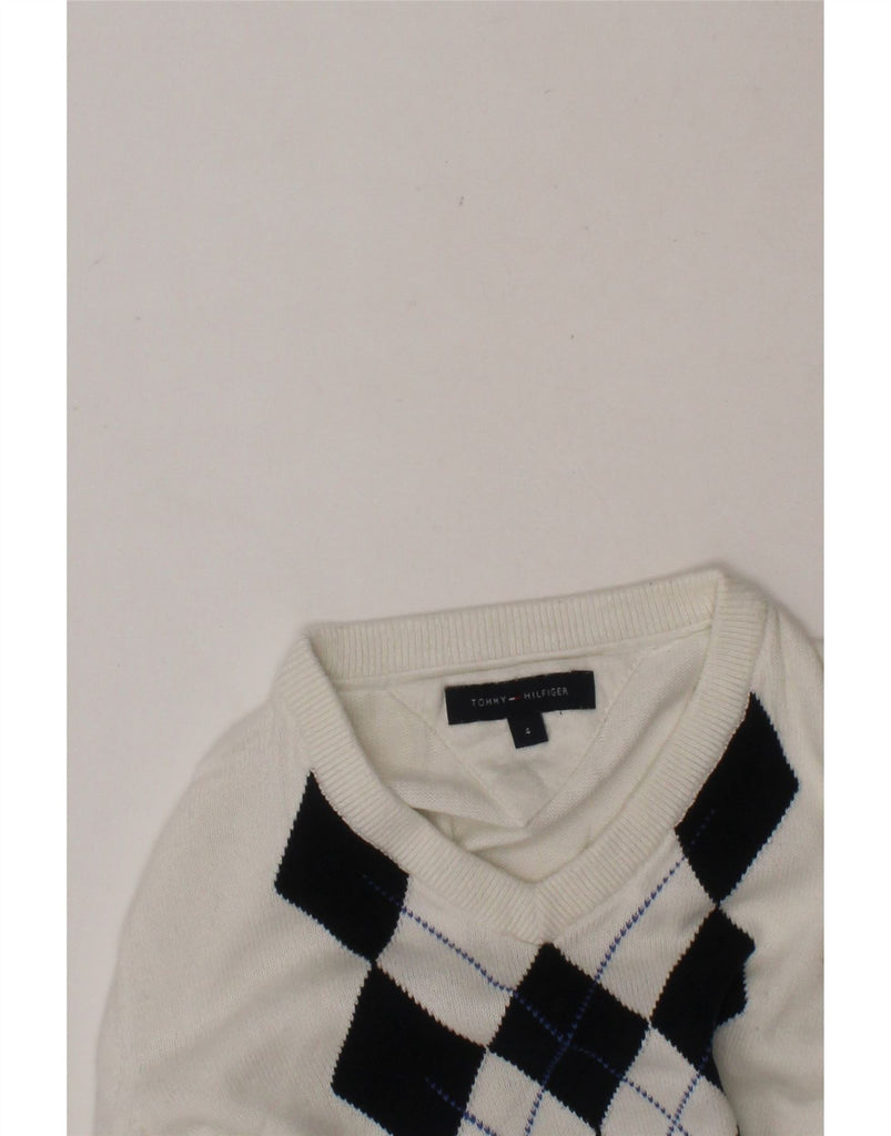 TOMMY HILFIGER Boys V-Neck Jumper Sweater 3-4 Years White Argyle/Diamond Vintage Tommy Hilfiger and Second-Hand Tommy Hilfiger from Messina Hembry 