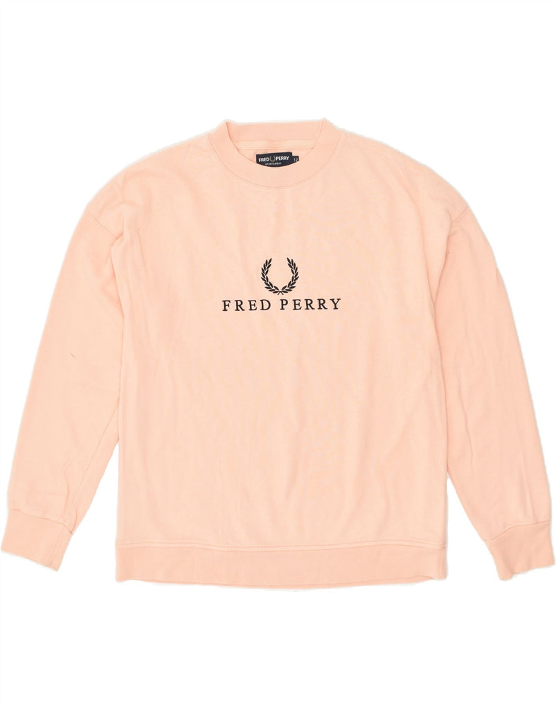 FRED PERRY Womens Graphic Sweatshirt Jumper UK 12 Medium  Pink Cotton | Vintage Fred Perry | Thrift | Second-Hand Fred Perry | Used Clothing | Messina Hembry 