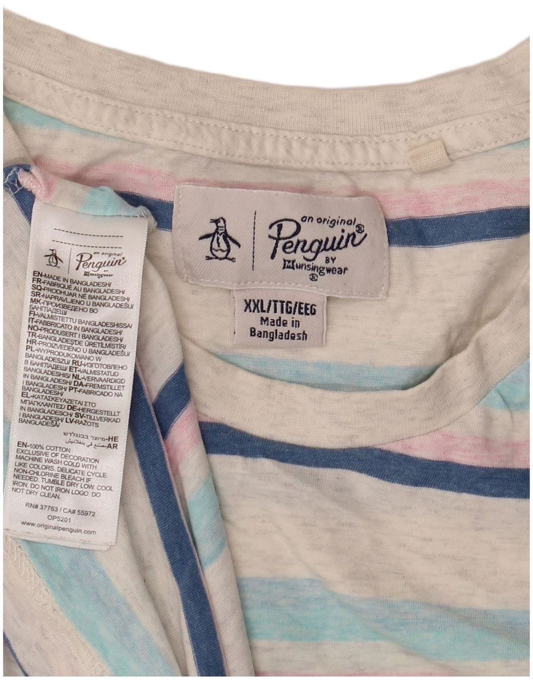 Penguin Mens T-Shirt Top 2XL White Striped Cotton