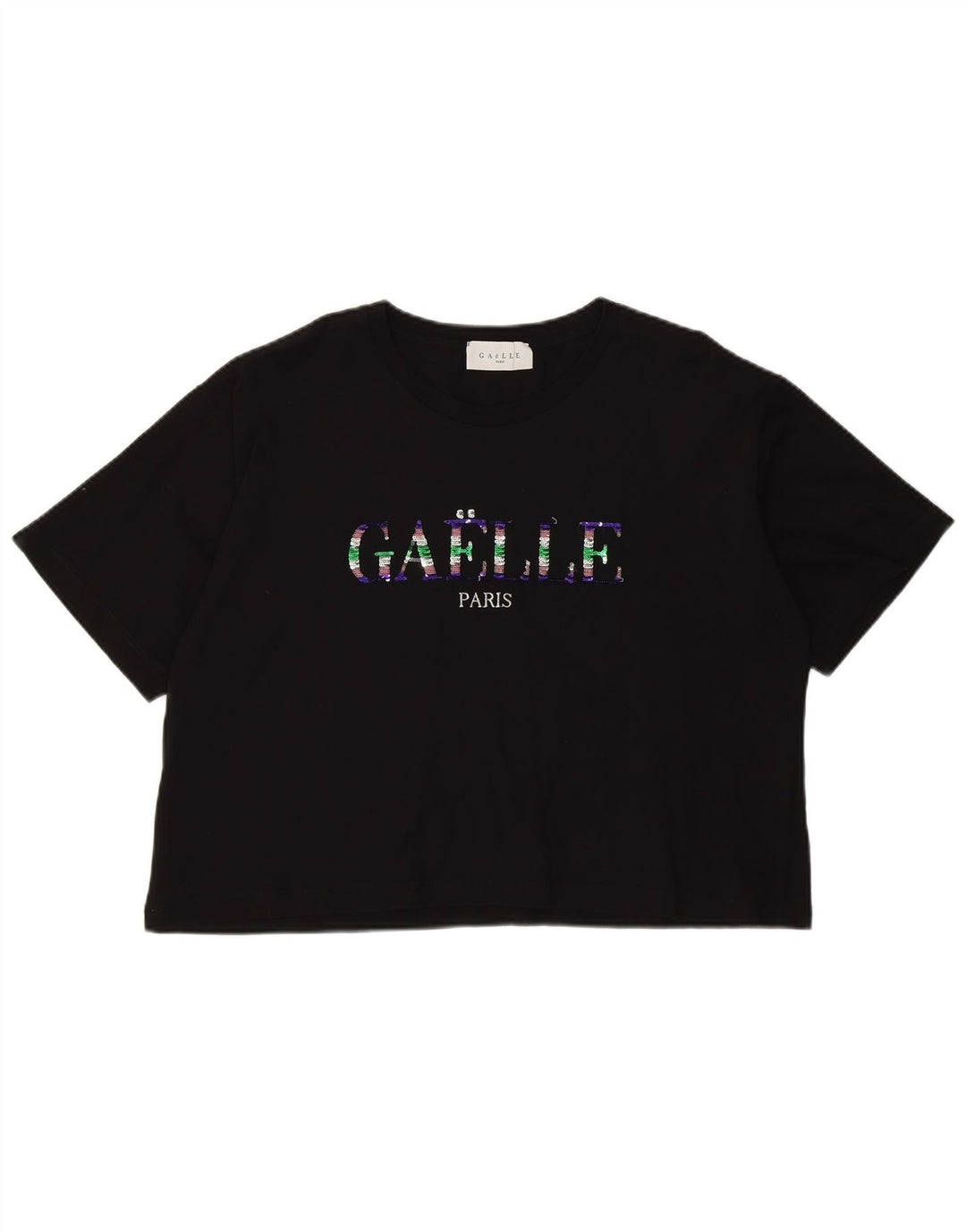 Gaelle Womens Oversized Crop Graphic T-Shirt Top US 3 XS Black Cotton