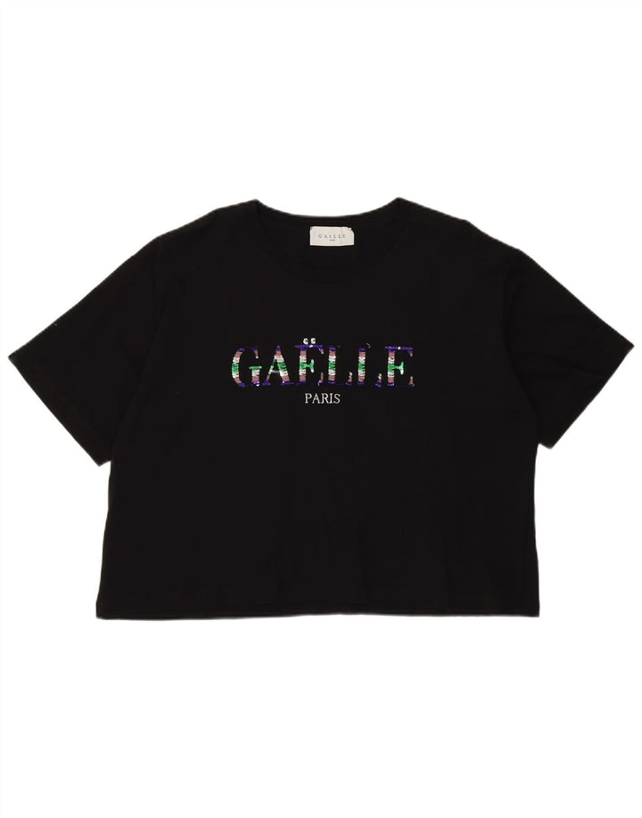 Gaelle Womens Oversized Crop Graphic T-Shirt Top US 3 XS Black Cotton