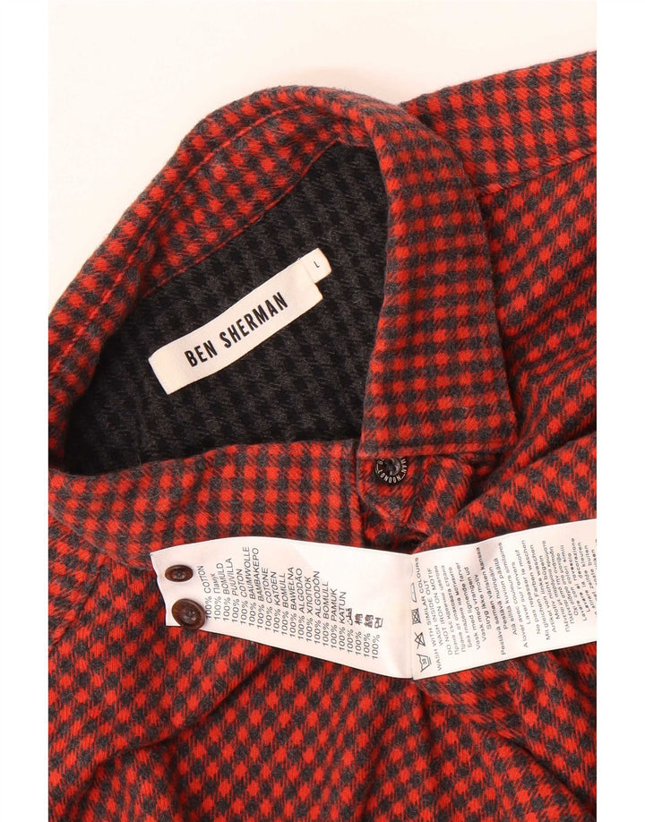 Ben Sherman Mens Flannel Shirt Large Red Houndstooth Cotton