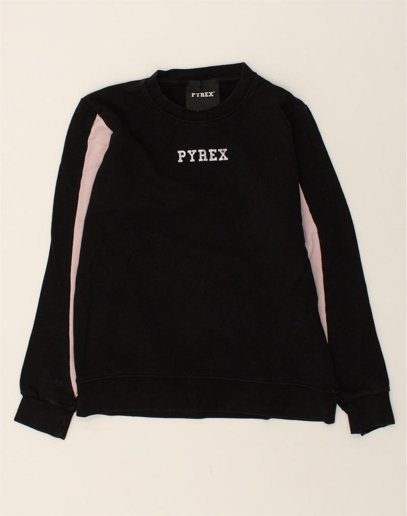 PYREX Womens Graphic Sweatshirt Jumper UK 14 Medium Black Colourblock | Vintage Pyrex | Thrift | Second-Hand Pyrex | Used Clothing | Messina Hembry 