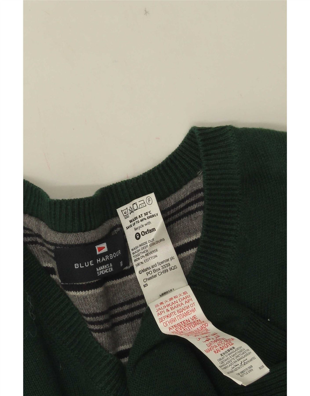 Marks & Spencer Mens Blue Harbour V-Neck Jumper Sweater Medium Green Cotton