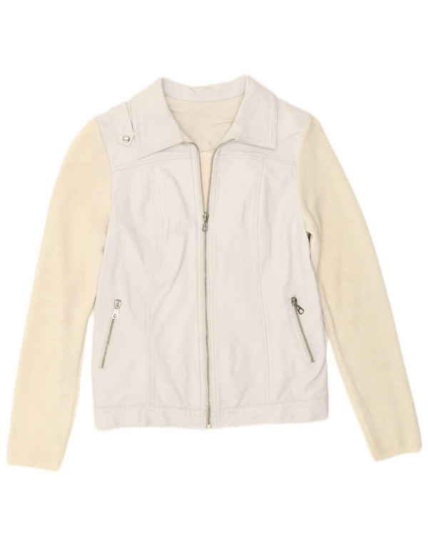 Vintage Womens Biker Jacket UK 8 Small Off White Colourblock Acrylic