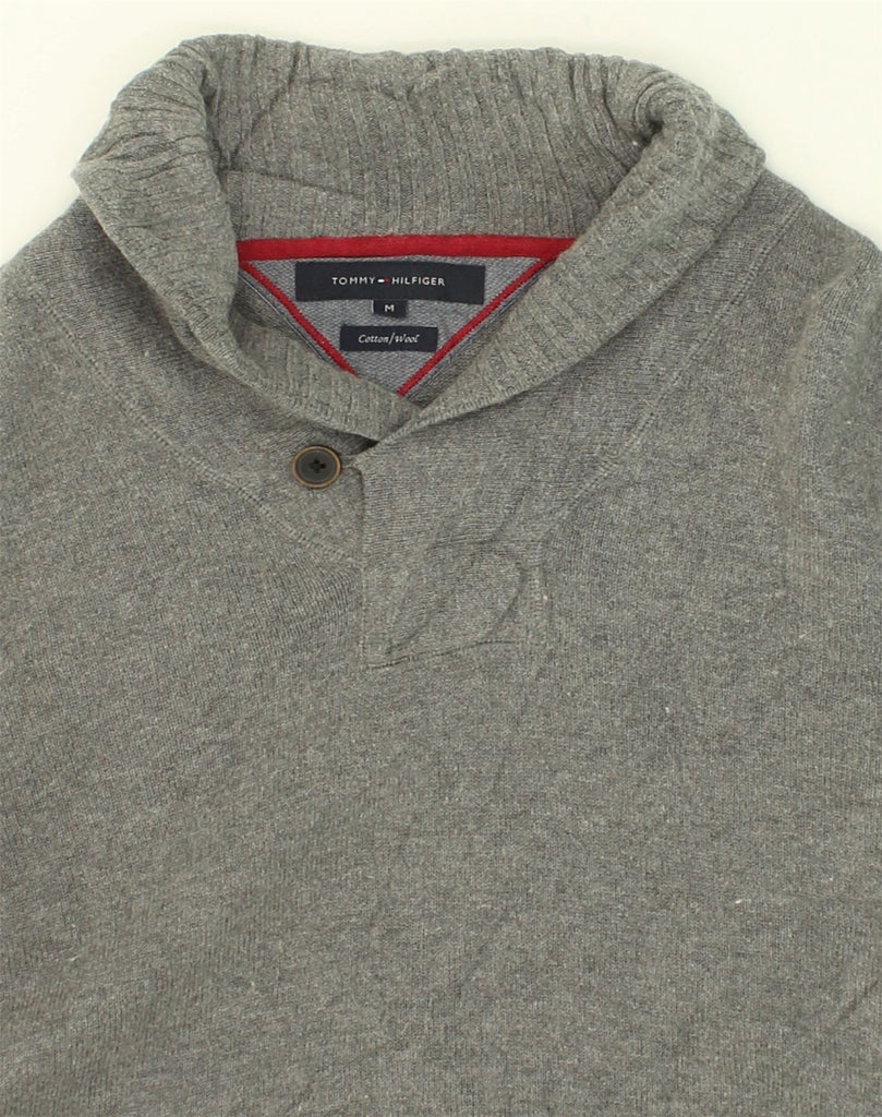 TOMMY HILFIGER Mens Shawl Neck Jumper Sweater Medium Grey Cotton | Vintage Tommy Hilfiger | Thrift | Second-Hand Tommy Hilfiger | Used Clothing | Messina Hembry 