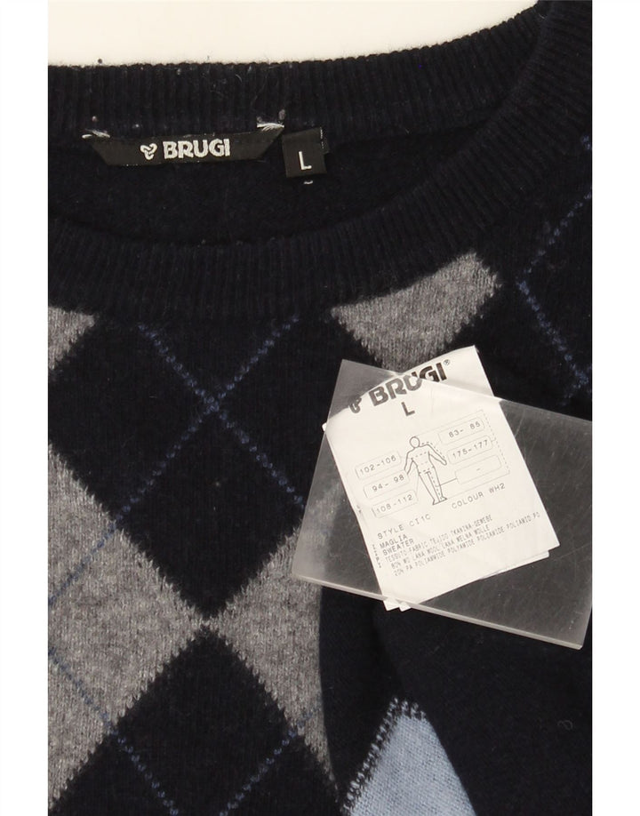 Brugi Mens Crew Neck Jumper Sweater Large Navy Blue Argyle/Diamond Wool