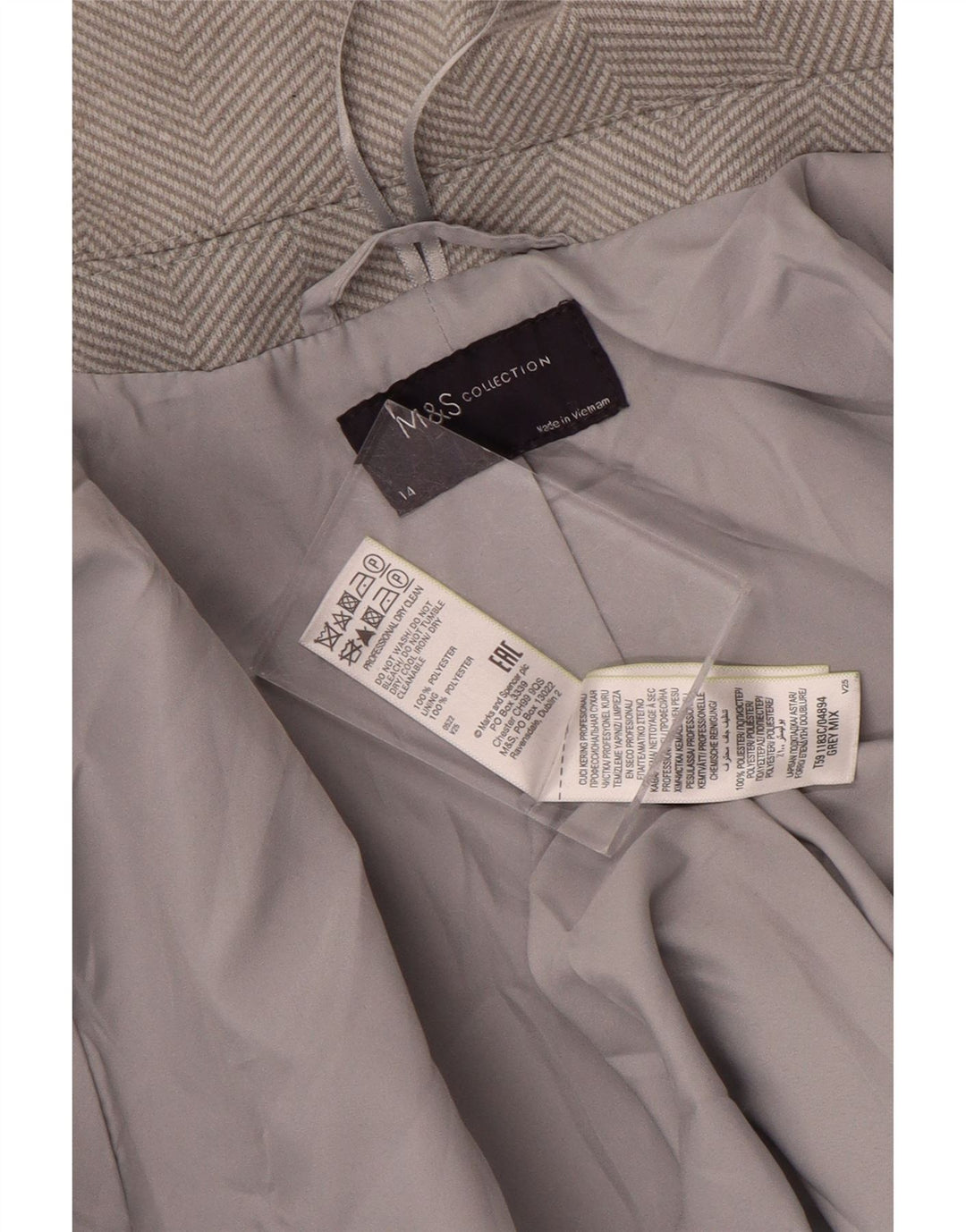Marks & Spencer Womens Overcoat UK 14 Large Grey Herringbone Polyester