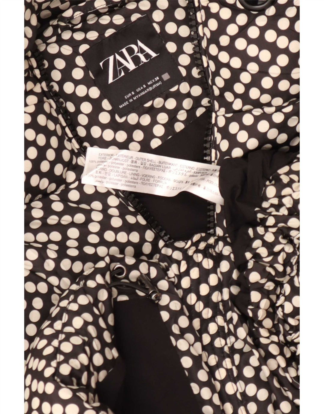Zara Womens Hooded Oversized Padded Jacket UK 10 Small Black Polka Dot