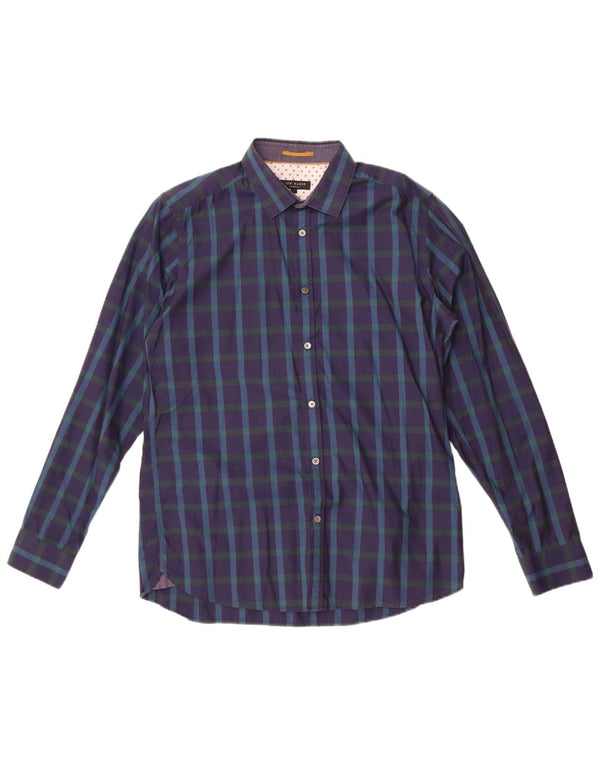 Ted Baker Mens Shirt Size 4 Large Navy Blue Check Cotton