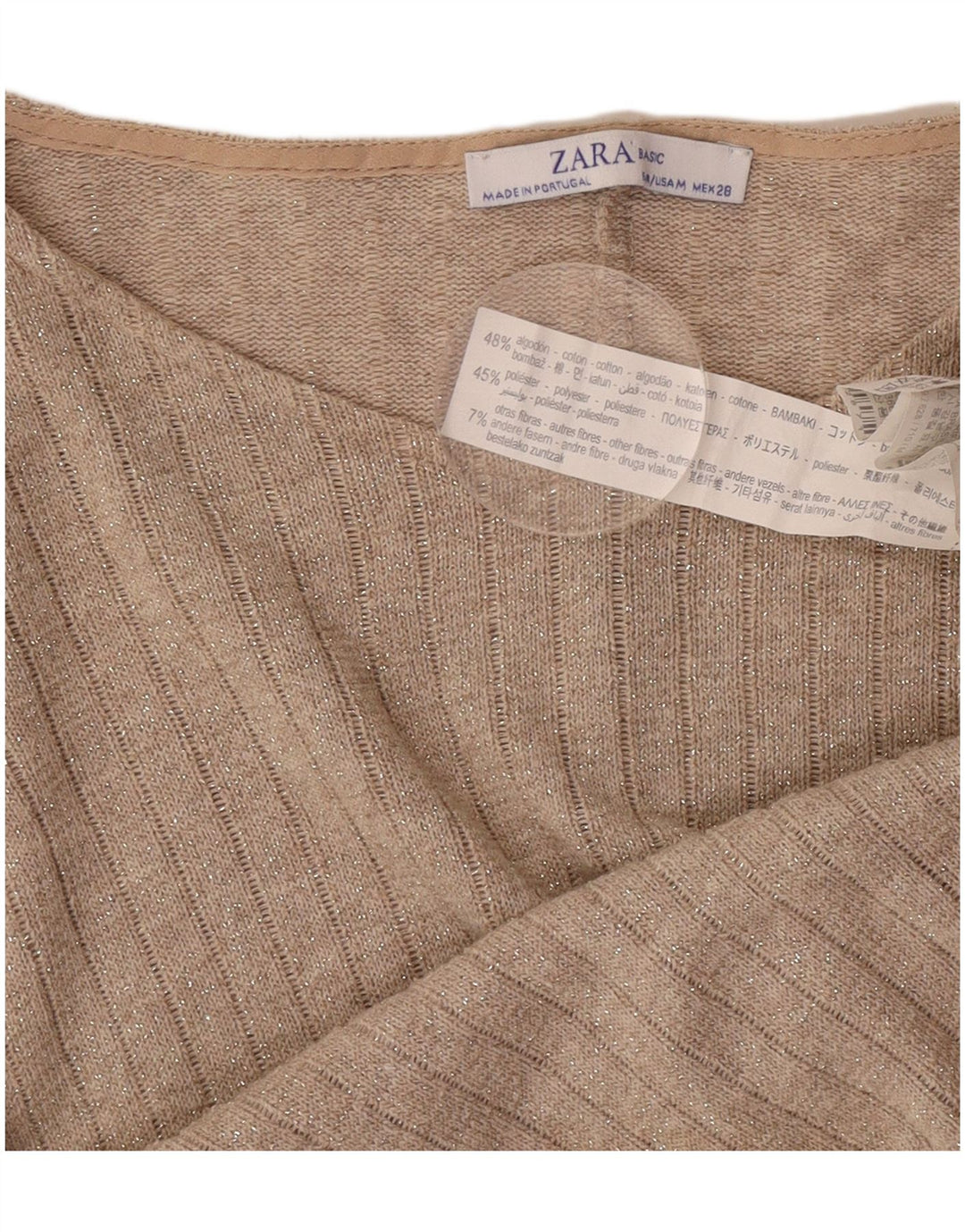 Zara Womens Crop Oversized Top 3/4 Sleeve UK 14 Medium Beige Flecked Cotton
