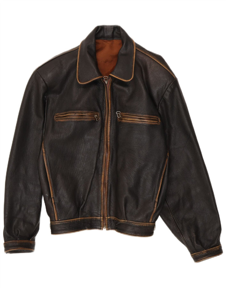 Vintage Mens Loose Fit Bomber Leather Jacket UK 38 Medium Black Leather