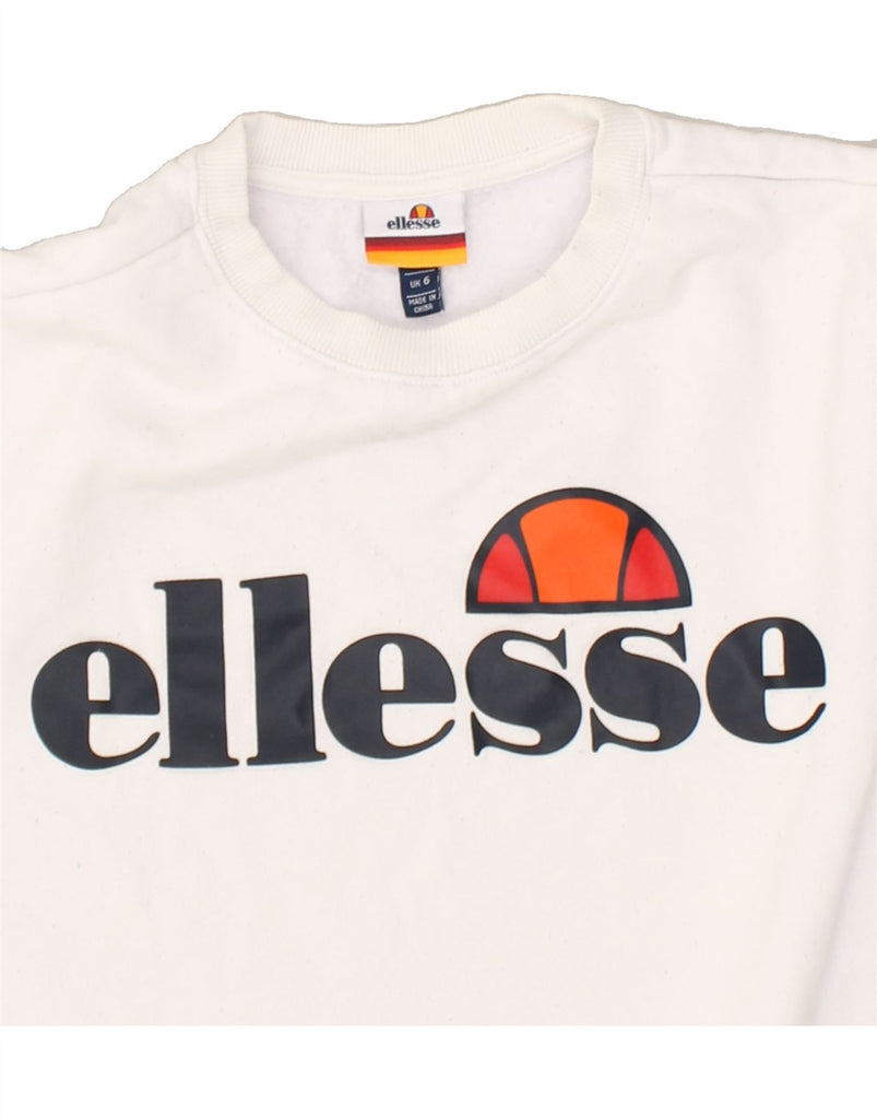 ELLESSE Womens Oversized Graphic Sweatshirt Jumper UK 6 XS  White Cotton | Vintage Ellesse | Thrift | Second-Hand Ellesse | Used Clothing | Messina Hembry 