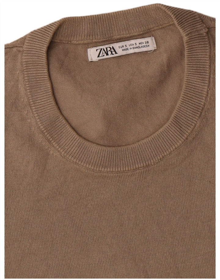 Zara Mens Short Sleeve Crew Neck Jumper Sweater Small Brown Viscose