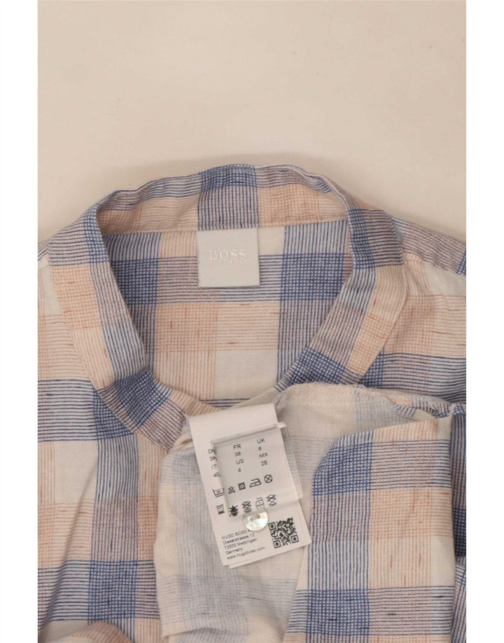 Hugo Boss Womens 3/4 Sleeve Oversized Shirt UK 8 Small Blue Check Linen