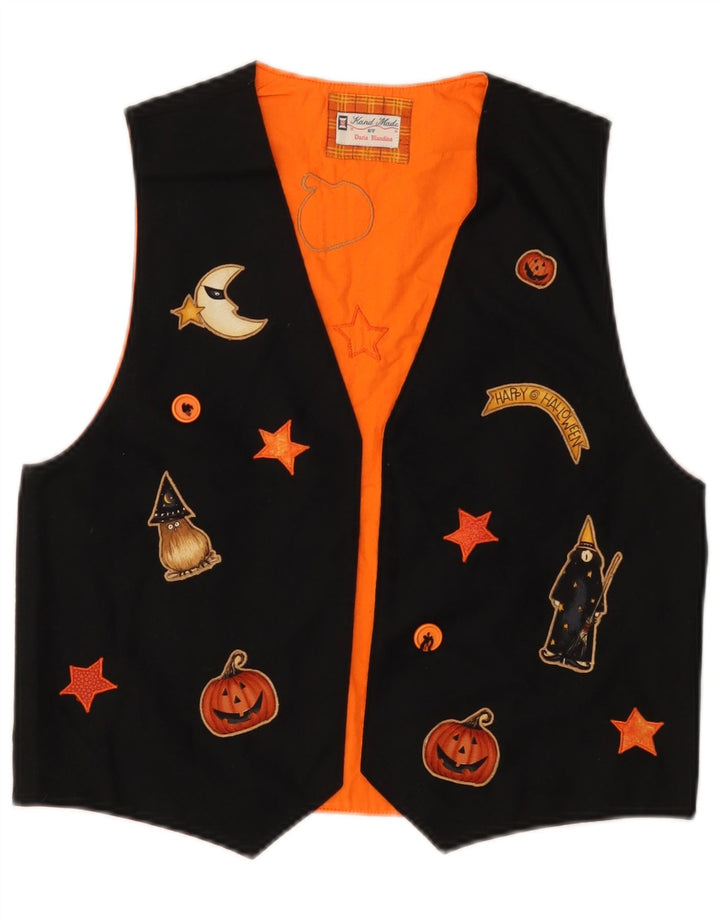 VINTAGE Womens Graphic Waistcoat UK 12 Medium Black