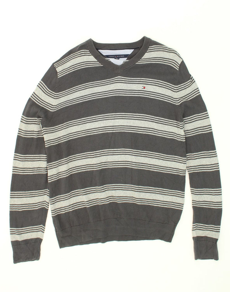 TOMMY HILFIGER Mens V-Neck Jumper Sweater Large Grey Striped Cotton | Vintage Tommy Hilfiger | Thrift | Second-Hand Tommy Hilfiger | Used Clothing | Messina Hembry 