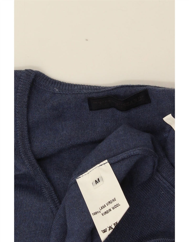 Trussardi Mens V-Neck Jumper Sweater Medium Navy Blue Virgin Wool