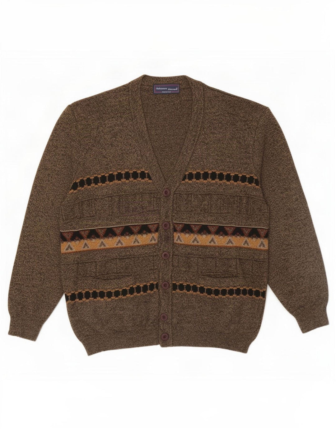 Vintage Mens Cardigan Sweater Large Brown Geometric Wool