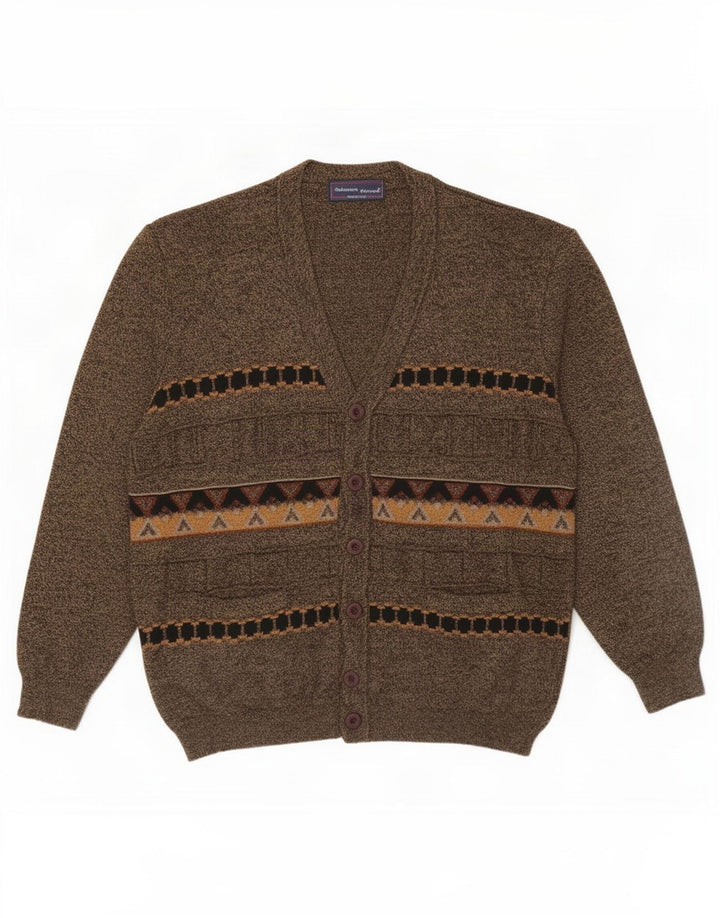 Vintage Mens Cardigan Sweater Large Brown Geometric Wool