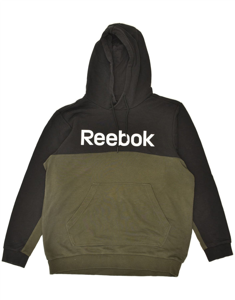 REEBOK Mens Graphic Hoodie Jumper XL Khaki Colourblock Cotton | Vintage Reebok | Thrift | Second-Hand Reebok | Used Clothing | Messina Hembry 