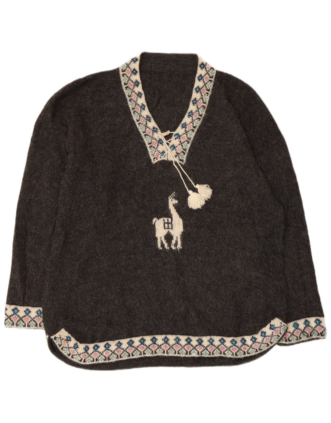 VINTAGE Womens Oversized V-Neck Jumper Sweater UK 18 XL Grey Fair Isle