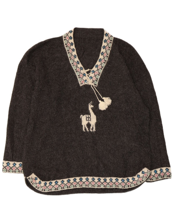 VINTAGE Womens Oversized V-Neck Jumper Sweater UK 18 XL Grey Fair Isle